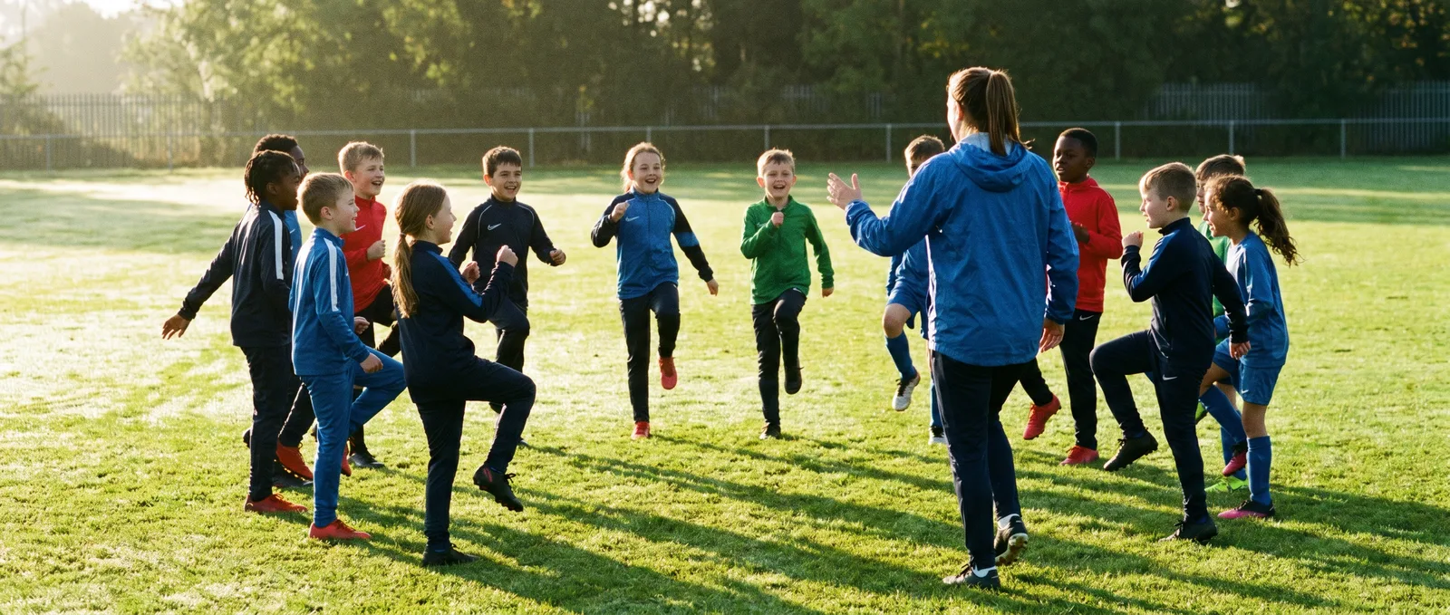 Kinder machen im Kreis ein dynamisches Aufwärmprogramm