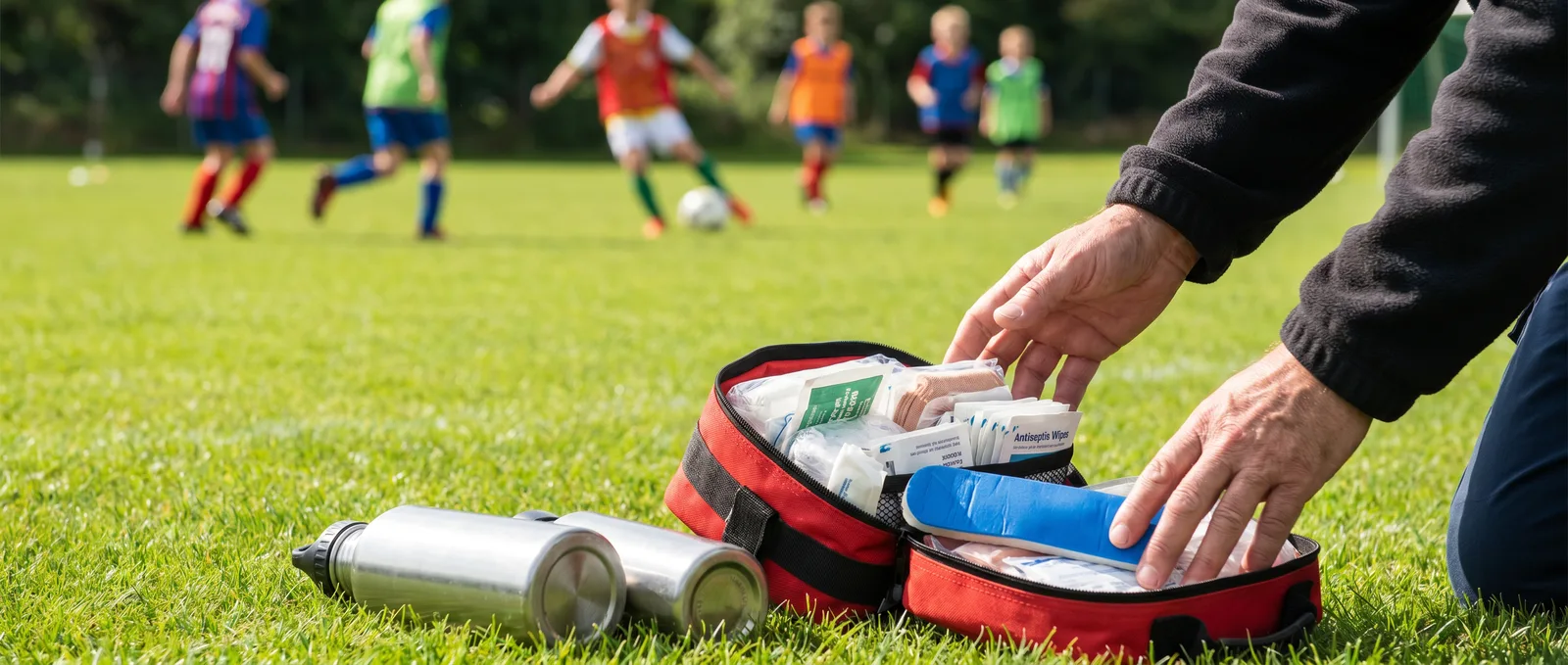 Erste-Hilfe-Tasche am Rand eines Kinderfußballplatzes