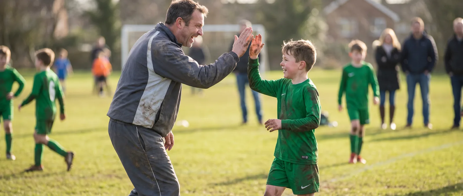 Trainer gibt einem Kind motiviert ein High-Five