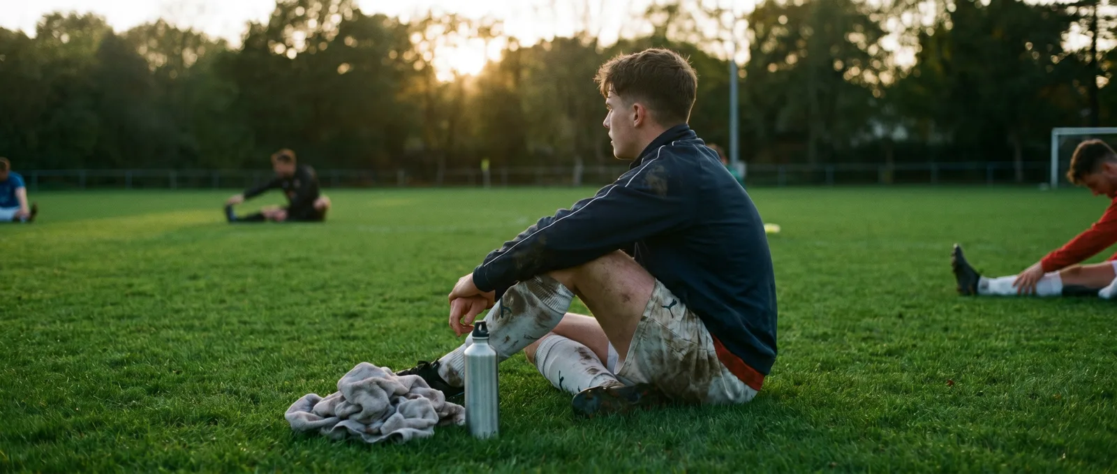 Junger Fußballer ruht sich nach dem Training aus